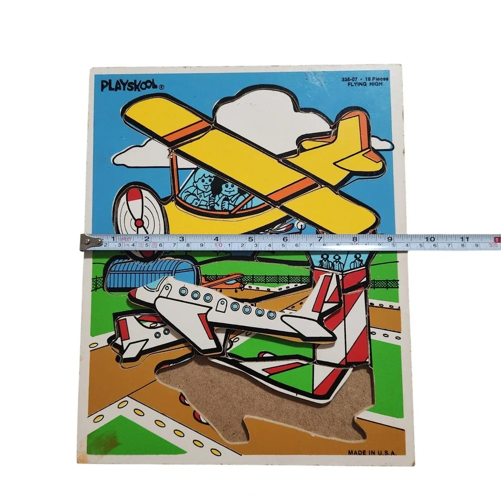 Vintage‎ Playskool Flying High Wooden Inlay Puzzle 18 Pieces Airport 335-07 USA